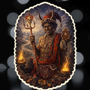 May include: A digital art sticker featuring a smiling figure in a red and gold headdress, holding a trident topped with a skull and a small box. The figure is surrounded by flames, a rooster, and various offerings. The sticker has a scalloped edge.