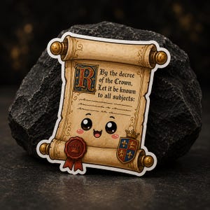 May include: A die-cut sticker shaped like an aged parchment scroll with a cute cartoon face. The text reads, By the decree of the Crown, Let it be known to all subjects. It features a large illuminated letter R, a red wax seal, and a royal crest.