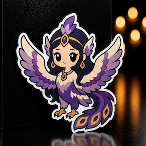 May include: A sticker featuring a cartoon phoenix with purple, gold, and cream colors. The phoenix has large wings, a feathered headdress, and a pendant necklace. The sticker is on a black surface.