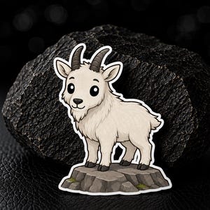 May include: A sticker featuring a cartoon mountain goat with white fur, dark curved horns, and large black eyes, standing on a gray rocky outcrop. The illustration has a white border and is presented against a dark, textured background.
