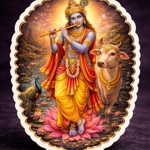 May include: An oval illustration depicting a deity playing a flute, standing on a lotus flower. The deity wears yellow and red garments and gold jewellery. A cow and peacock are also present. The background shows a landscape with a lake and buildings.