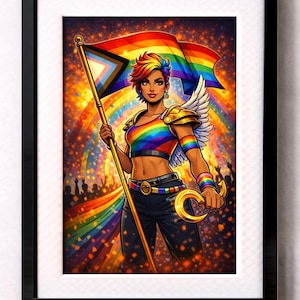 May include: Framed artwork featuring a person with rainbow hair and a rainbow top, holding a gold staff with a flag. The flag displays a rainbow design. The artwork has a vibrant, colorful theme, with a background of light rays and silhouettes.