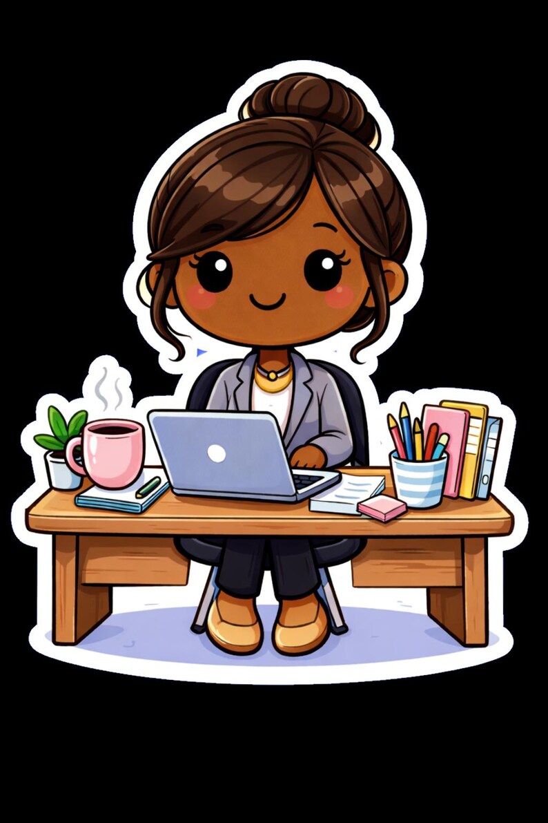 Chibi Office Worker Die Cut Sticker | Dark Hair Desk Job Laptop Vinyl ...