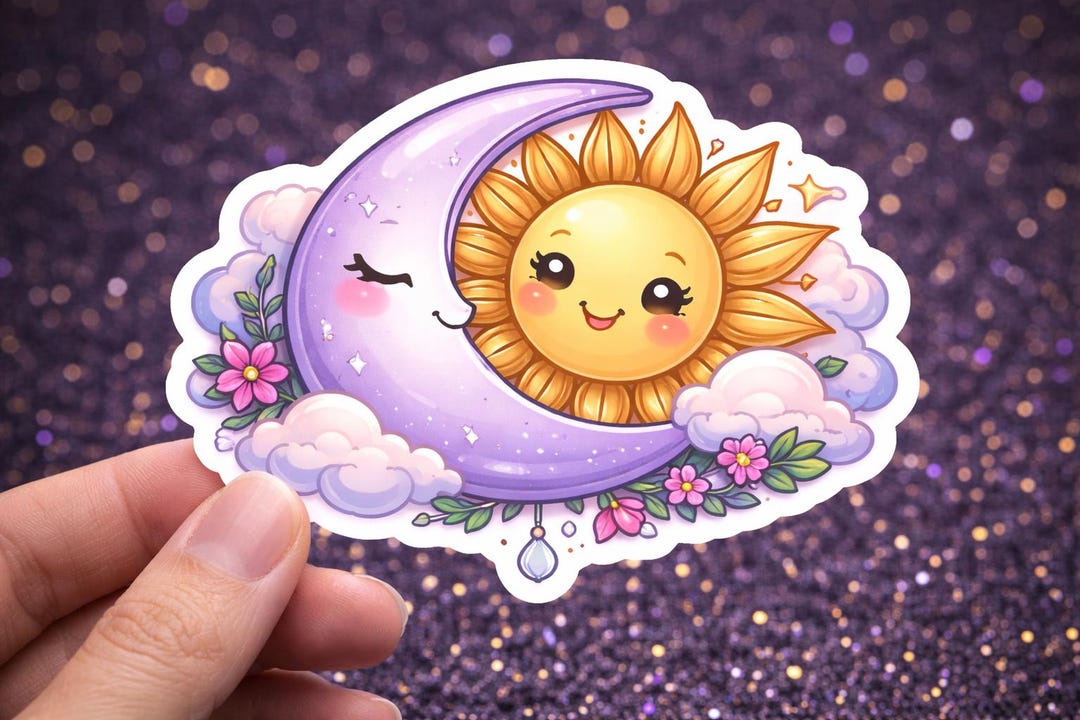 Chibi Moon and Sun Sticker - Kawaii Celestial Vinyl Decal - Etsy