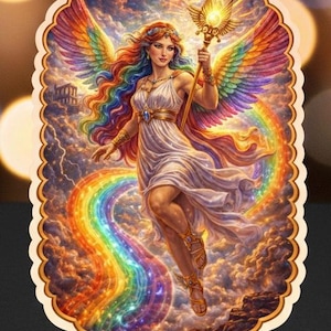 May include: A sticker featuring a woman with rainbow wings and hair, holding a golden staff with a glowing orb. She is depicted in a white dress, with a rainbow arching below her. The background shows clouds and a building.