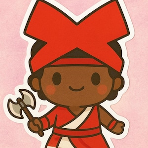 May include: A sticker featuring a cartoon character in a red outfit with a large red headpiece and a small axe. The character has brown skin and a smiling expression. The background is a light pink color.