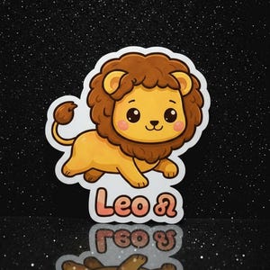 May include: A sticker depicting a cartoon lion with a brown mane and tail, and a yellow body. The sticker has the word "Leo" in pink and orange text. The background is black with glitter.