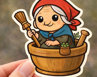 Chibi Baba Yaga Mythologie Vinyl-Aufkleber, Slawische Folklore Die Cut-Aufkleber