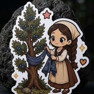 Peut inclure: Un autocollant découpé représentant un personnage de dessin animé aux cheveux bruns tressés, portant un foulard crème, un chemisier blanc et une robe marron. Le personnage tient un tissu bleu drapé autour d'un arbre aux feuilles vertes.