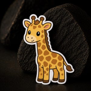 May include: A sticker of a cartoon giraffe with a light brown body, dark brown spots, and a white border. The giraffe has a smiling face against a dark background.