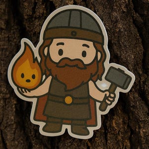 May include: A sticker featuring a cartoon Viking character with a brown beard, holding a flaming torch in one hand and a hammer in the other. The Viking wears a helmet, tunic, and cape. The sticker is set against a textured, brown background.