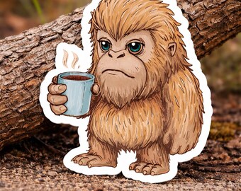 Chibi Bigfoot Coffee Vinyl Sticker, Cryptid Die Cut Sticker