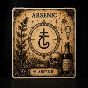 Könnte beinhalten: Ein rechteckiges Schild mit beigem Hintergrund und schwarzen Tintenillustrationen. Es zeigt das Wort ARSENIC oben und unten, ein zentrales alchemistisches Symbol, einen Totenkopf, eine Glasflasche mit der Aufschrift ARSENIC POISON VENENUM ARSONIC und eine Pflanze.