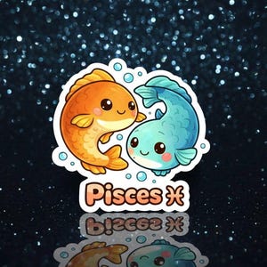 May include: A sticker depicting two cartoon fish, one orange and one teal, with smiling faces and bubbles. The word "Pisces" is written below the fish in a colourful font, along with the Pisces zodiac symbol.
