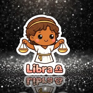 May include: A sticker featuring a cartoon Libra zodiac sign. The illustration shows a person in a white tunic holding golden scales. The text "Libra" is displayed in pink letters with a zodiac symbol.
