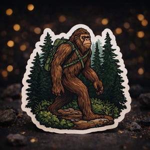 Może przedstawiać: Naklejka przedstawiająca kreskówkową ilustrację Bigfoota, dużego, owłosionego stworzenia podobnego do małpy, spacerującego po lesie. Bigfoot jest brązowy i nosi zielony plecak. Tło obejmuje zielone sosny i liście.