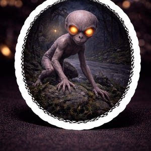 May include: A digital illustration of a creature with a large head, glowing orange eyes, and a slender body, set in a dark forest scene. The creature is positioned on a mossy rock, with a stream and trees in the background. The image is framed by a white circle with a black lace border.