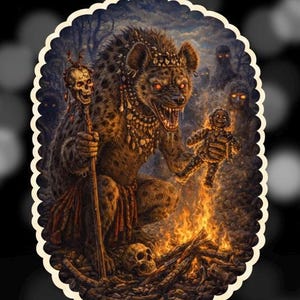 May include: A sticker featuring a detailed illustration of a hyena-like creature with glowing red eyes, adorned with jewelry, holding a staff with a skull and a doll. A bonfire burns in the foreground, with other shadowy figures in the background.