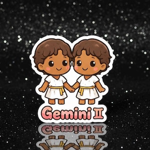 May include: A sticker depicting the Gemini zodiac sign. Two cartoon figures, dressed in white tunics with gold belts, are holding hands. The sticker has a pink and white border with the word "Gemini" in pink text.