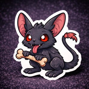 May include: A sticker featuring a cartoon creature with black fur, large pink ears, and red eyes. The creature holds a bone in its paws and has its tongue sticking out. The tail has a red tip. The sticker has a white border.