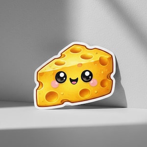 Può includere: Un adesivo a forma di spicchio di formaggio giallo con un volto sorridente, grandi occhi neri e guance rosee. Il formaggio ha diversi fori e un contorno bianco. L'adesivo è su una superficie bianca con un'ombra.
