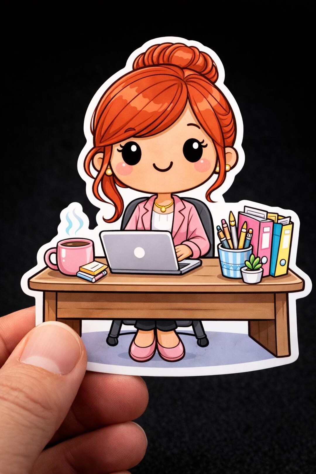 Chibi Office Worker Sticker, Redhead Desk Job Laptop Work Vinyl Decal ...