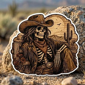 May include: A sticker featuring a skeleton cowboy wearing a hat, jacket, and bandana, with a desert landscape background. The design includes a cactus, sun, and birds, all in shades of brown and tan.