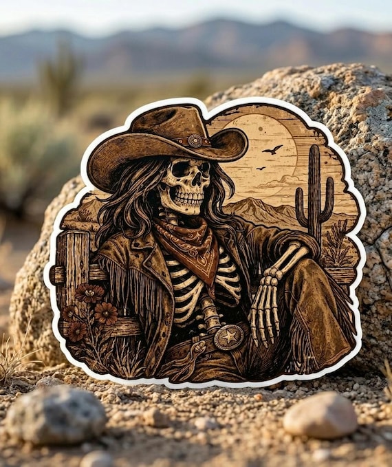Skeleton Cowgirl Sticker, Western Gothic Die Cut, Desert Cowboy Skull Art