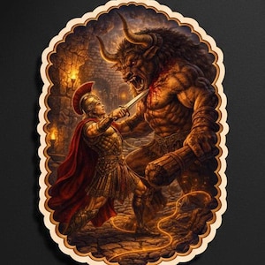 May include: A sticker depicting a warrior in Roman armour fighting a minotaur. The warrior, wearing a red cape, is stabbing the minotaur with a sword. The background shows a stone dungeon with torches, creating a dramatic scene.