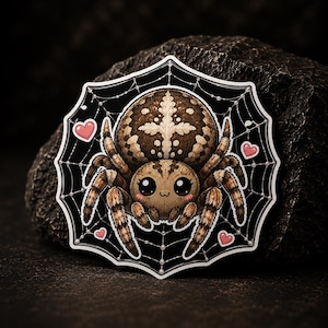 May include: A sticker featuring a brown spider with large black eyes and a patterned abdomen, centered on a black spiderweb background. The design includes four small pink hearts scattered around the spider, all outlined in a thick white border.