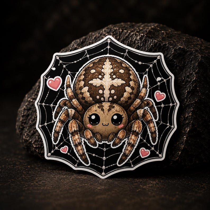 May include: A sticker featuring a brown spider with large black eyes and a patterned abdomen, centered on a black spiderweb background. The design includes four small pink hearts scattered around the spider, all outlined in a thick white border.