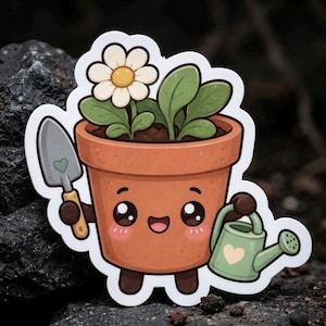 May include: A sticker featuring a cartoon terracotta pot with a smiling face, holding a trowel and watering can. The pot has a daisy and green leaves growing inside. The trowel and watering can have heart details.