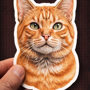 May include: A sticker depicting a detailed illustration of an orange tabby cat's face. The cat has green eyes, a pink nose, and white whiskers. The sticker is held by a hand against a dark brown background.