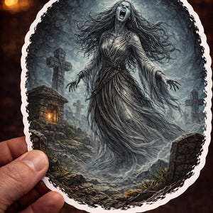 Peut inclure: Un autocollant rond représentant une illustration en niveaux de gris d'une femme hurlant dans une robe fluide, située dans un cimetière avec des croix et un mausolée. L'œuvre a un thème d'horreur gothique.