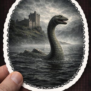 Può includere: Adesivo ovale con un'illustrazione dettagliata del mostro di Loch Ness che emerge da acque scure, con un castello sullo sfondo sotto un cielo nuvoloso. L'adesivo ha un bordo decorativo.