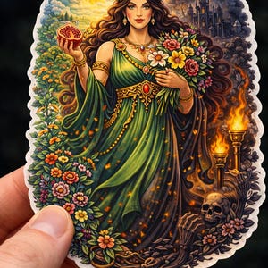 May include: A sticker featuring a woman in a green dress holding a pomegranate and flowers. The artwork has a floral and fantasy theme, with a dark castle and skull in the background. The woman wears a floral crown and jewelry.