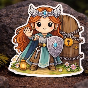May include: A sticker featuring a cartoon illustration of a female warrior with red hair, a shield, and a key. She wears a teal cape and a silver crown. A wooden door with a lock and chain is behind her. Flowers and a lantern are in the foreground.