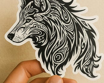 Intricate Tribal Wolf Sticker | Black and White Animal Decal