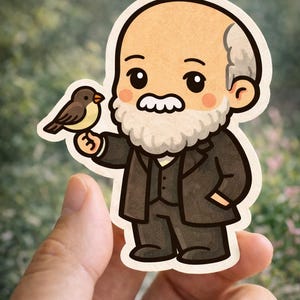 Può includere: Un adesivo con un'illustrazione a cartoni animati di un uomo in abito scuro che tiene in mano un uccellino. L'uomo ha barba e baffi bianchi e l'uccello è marrone e giallo. L'adesivo ha un bordo bianco.