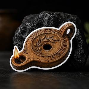 May include: A brown, textured oil lamp sticker featuring a central olive branch relief and a Greek key border pattern. The design includes a small, lit wick on the left side, rendered with a realistic flame, and a circular opening in the center.