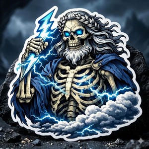 May include: A sticker depicting a skeletal Zeus figure, holding a blue lightning bolt. The figure has a white beard, a laurel wreath, and glowing blue eyes. The design includes blue lightning bolts and white clouds, set against a dark background.