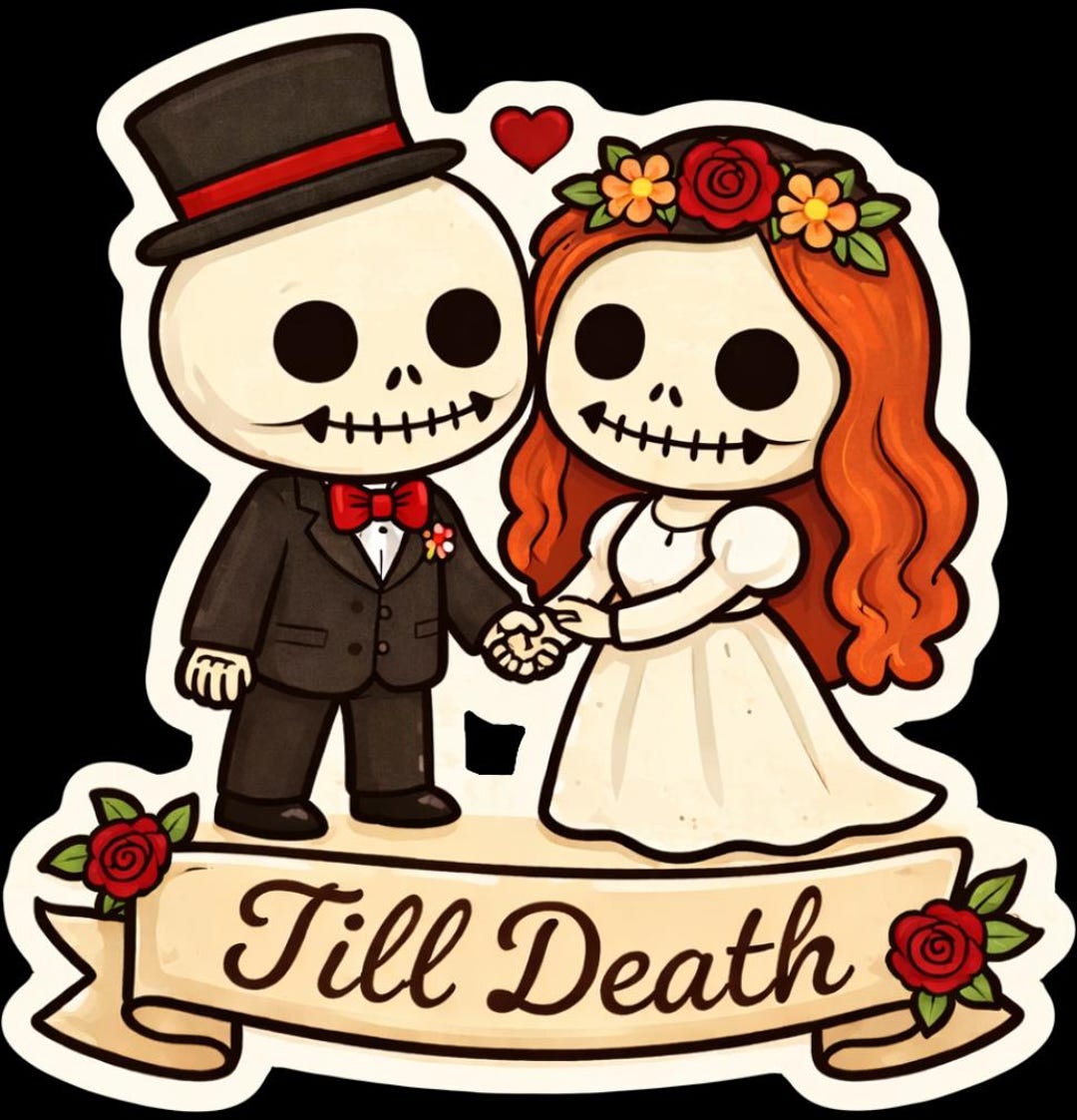 Chibi Till Death Redhead Bride Skeleton Sticker, Gothic Wedding