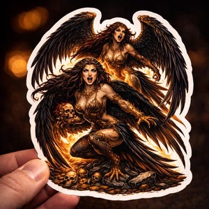 May include: A sticker depicting a fantasy illustration of two winged figures with dark wings and golden armour. One figure holds a skull, and both have open mouths. The artwork is set against a fiery background.