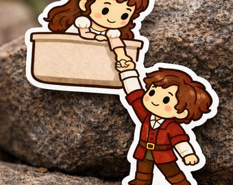 May include: A sticker featuring two cartoon characters. One character, with brown hair and a red coat, reaches up to hold hands with a character with brown hair and a floral crown. The background is a blurred rock.