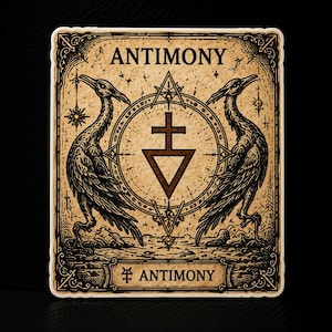May include: A rectangular sticker with a beige, textured background featuring black ink illustrations of two birds facing a central alchemical symbol of a cross above a triangle inside a circle. The text ANTIMONY appears at the top and bottom.