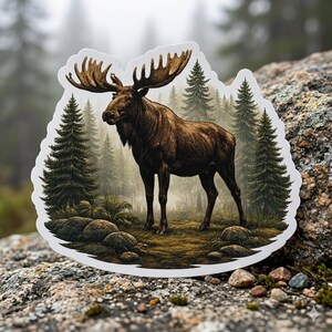 Peut inclure: Autocollant représentant un élan brun avec de grands bois dans une forêt. L'arrière-plan montre des arbres verts et une atmosphère brumeuse. L'autocollant a une bordure blanche en forme de chaîne de montagnes.
