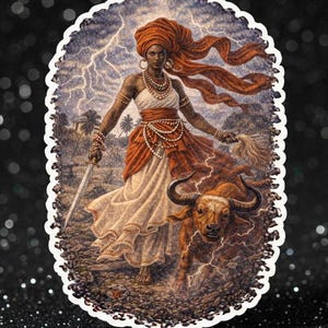 Può includere: Adesivo ovale raffigurante una donna in abito bianco e arancione, con una spada e un ventaglio, con un toro e dei fulmini sullo sfondo. La donna indossa un copricapo e gioielli. L'adesivo ha un bordo decorativo.