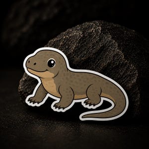Puede incluir: Una pegatina que muestra un lagarto de dibujos animados con el dorso marrón moteado y el vientre de color beige más claro. El lagarto tiene ojos grandes y oscuros, una pequeña sonrisa y una cola larga. Se muestra de perfil con un borde blanco.