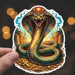 May include: A sticker depicting an Egyptian cobra with a golden headdress and a red gem. The snake is green and gold, with its mouth open, revealing sharp teeth. An ankh symbol is at the bottom of the image.