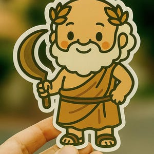 May include: A sticker depicting a cartoon Greek god holding a sickle. The character has a white beard, laurel wreath, and wears brown robes. The sticker is held by a hand.